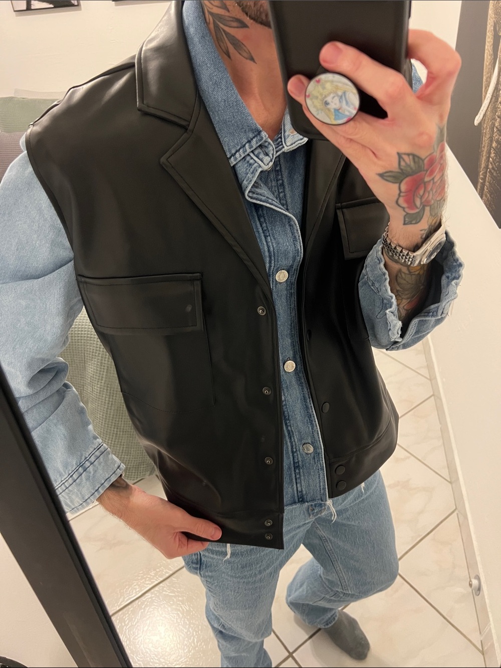 Black Faux Leather Snap Front Shirt Jacket Vest